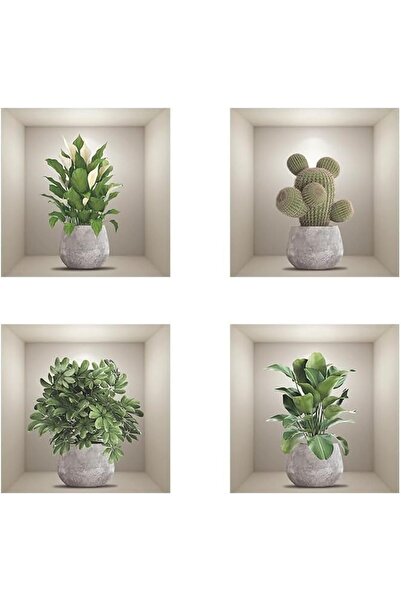 erorex 4 Pack 3D Green Plant Wall Stickers 3D Cactus Wall Art Decals Diy Palm Tree Leaf Wall Decor Murals