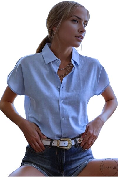 Cassime Γυναικείο πουκάμισο με κοντό μανίκι από λινό μπλε νυχτερίδα