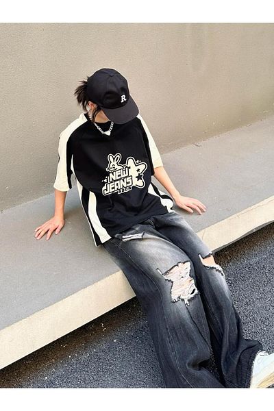 Minga London Κίτρινο T-shirt - Black Star New Jeans Rabbit Pattern Oversize Beige ρίγα
