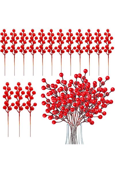 erorex 30 Pcs Red Artificial Berry Stems Red Berry Picks 8 Inch Fake Berries Bunch For Tree Decoration Diy