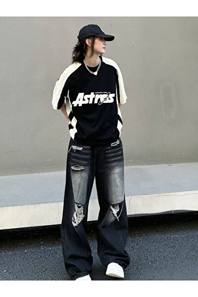 Minga London Μαύρο μπλουζάκι Oversize 3D Astros με στάμπα μπεζ ριγέ Mingalondon