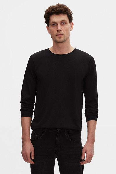 D'S Damat Slim Fit Black Crew Neck 100% βαμβακερό μακρυμάνικο μπλουζάκι με αναπνεύσιμο σώμα