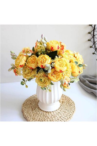 erorex Artificial Flowers 2Pcs Yellow Fake Peony Silk Hydrangea Flower Bouquet Realistic Carnations