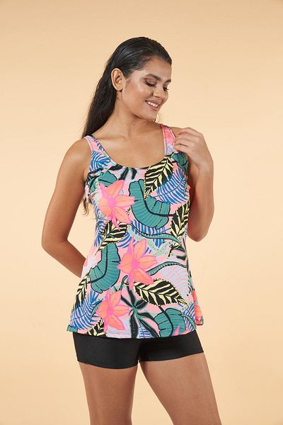 Estiva Leaf Patterned Oversize Tankini with Shorts - Black