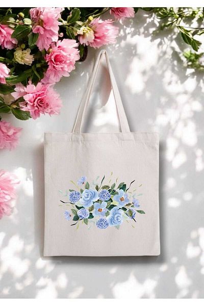 fırsatlar diyarı Geantă de pânză din pânză brută cu imprimeu floral albastru - 280 gr