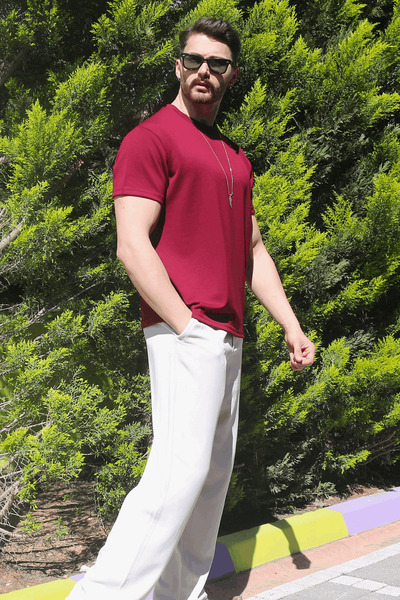 EydaMoon Men's Burgundy Relaxfit Soft Touch Wrinkle-Free Modal Fabric T-Shirt