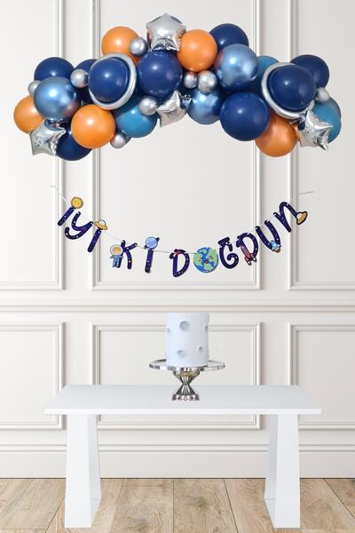 PEKSHOP Uzay Konsept Bannerlı Masa Üstü Pano Setli Doğum Günü Balon Zinciri Seti