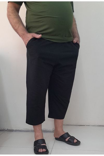 Mertcan Butik Μαύρο χτενισμένο βαμβακερό βισκόζη casual ελαστική μέση με τσέπες καπρί παντελόνι