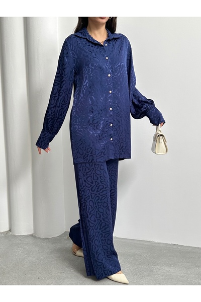 MD trend Women's Patterned Oversize Balloon Sleeve Satin Shirt and Palazzo Pants Double Set