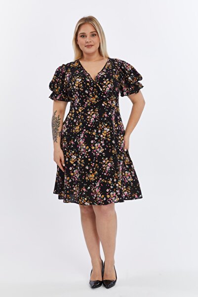 Genel Markalar Apsen Kadın Çiçek Desenli Viskon 4502-105 Dokuma Midi Elbise