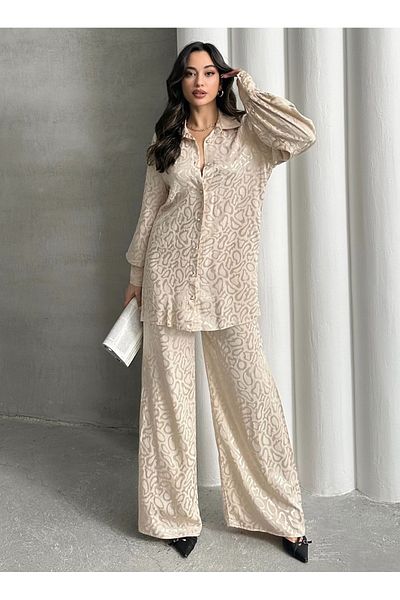 MD trend Women's Patterned Oversize Balloon Sleeve Satin Shirt and Palazzo Pants Double Set