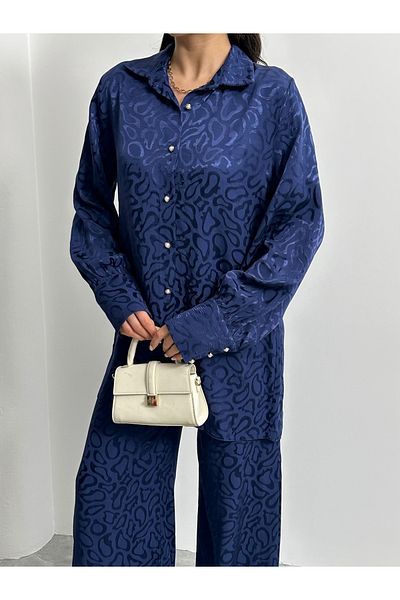MD trend Women's Patterned Oversize Balloon Sleeve Satin Shirt and Palazzo Pants Double Set