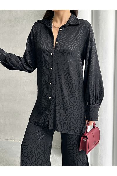 MD trend Women's Patterned Oversize Balloon Sleeve Satin Shirt and Palazzo Pants Double Set