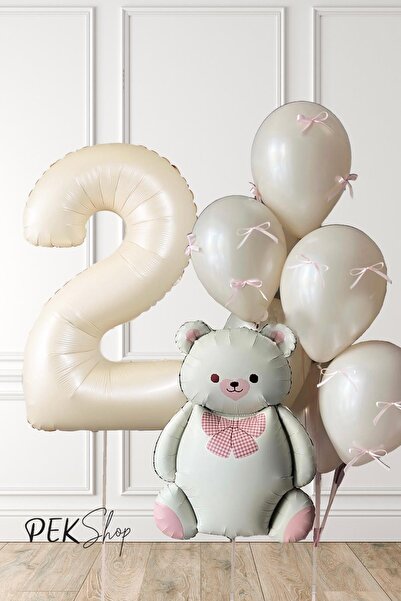 PEKSHOP Retro Krem Ayılı Fiyonk Kurdeleli Deniz Kumu Balonlu Doğum Günü Balon...