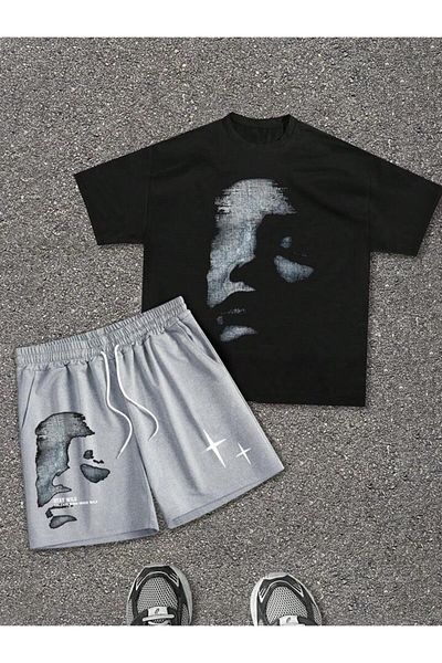 WNWGKN Trendpunky Unisex Black Printed Bottom Top Shorts T-Shirt Set