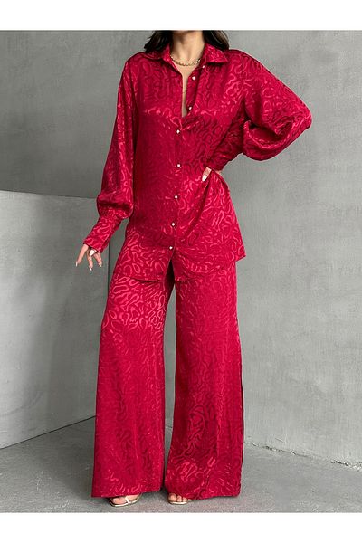MD trend Women's Patterned Oversize Balloon Sleeve Satin Shirt and Palazzo Pants Double Set
