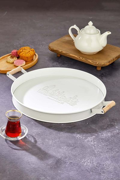 Milenay Decorative Metal Tray, Wooden Handle, Special Pattern and Matte Paint, 37cm