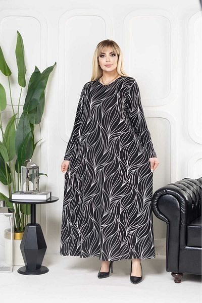 Şans Women's Plus Size Black, Patterned Viscose Long Sleeve Dress 65N38823