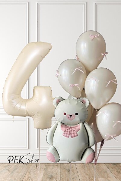 PEKSHOP Retro Krem Ayılı Fiyonk Kurdeleli Deniz Kumu Balonlu Doğum Günü Balon...