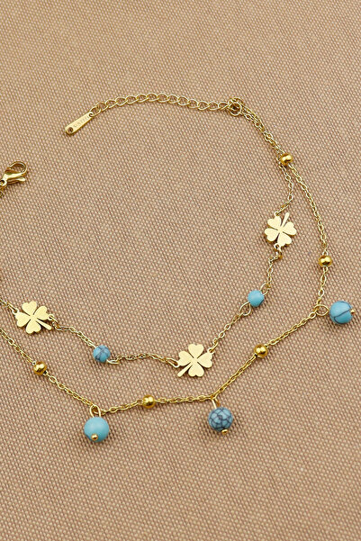 Keyifli Hayaller Çelik Halhal - 2li Kombin Yoncalı Turkuaz Taşlı Dorika Zincir Çelik Halhal 21+4cm Kararmaz Solmaz