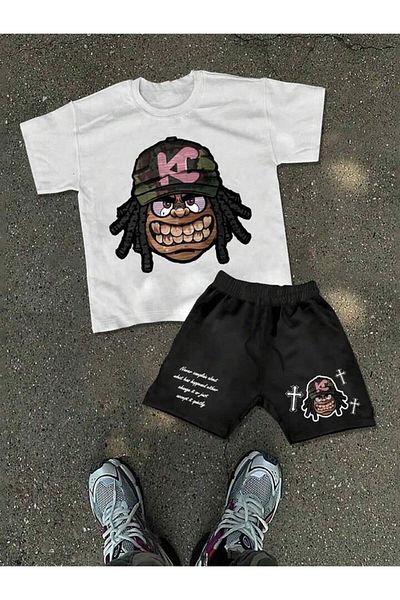 WNWGKN Trendpunky Unisex Hiphop Printed Bottom Top Shorts T-Shirt Set