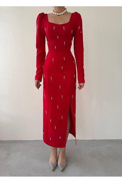 Julidress Red Square Collar Pearl Detailed Slit Premium Long Pencil Dress