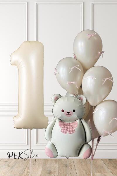 PEKSHOP Retro Krem Ayılı Fiyonk Kurdeleli Deniz Kumu Balonlu Doğum Günü Balon...