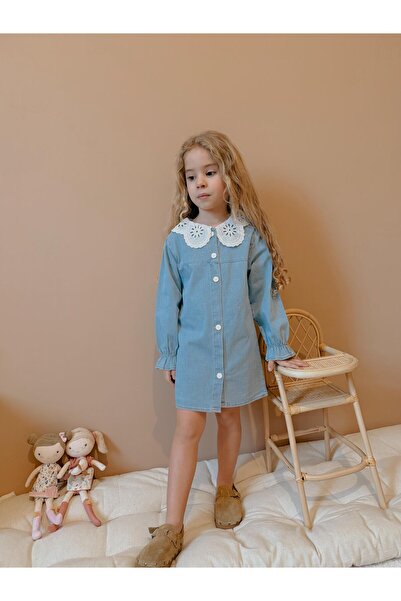 YİGİT BUTİK Yigit Butik Dantel Yaka Kız Çocuk Denim Elbise