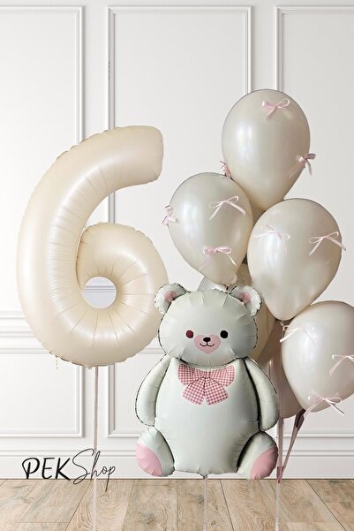 PEKSHOP Retro Krem Ayılı Fiyonk Kurdeleli Deniz Kumu Balonlu Doğum Günü Balon...