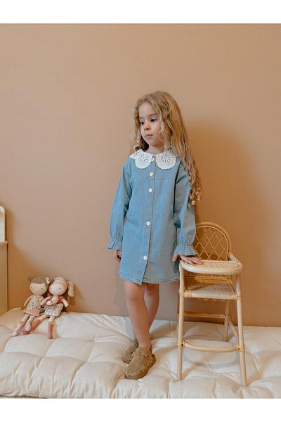 YİGİT BUTİK Rochie din denim pentru fete cu guler din dantela Yigit Boutique