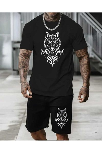 FULL TOLERANCE Wolf Head Printed Casual Comfortable Oversize Men's Crew Neck T-Shirt-Shorts Set