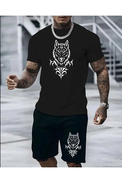 FULL TOLERANCE Wolf Head Printed Casual Comfortable Oversize Men's Crew Neck T-Shirt-Shorts Set