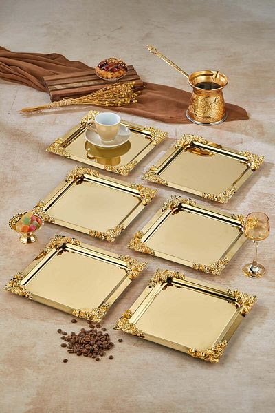 Milenay 6-Piece Metal Decorative Special Design Presentation, Promise Tray Set, Catering Presentation Serving Tray Set