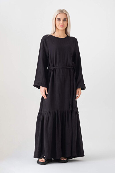 Fashion Showcase Μουσελίνα υφασμάτινη φούστα με κορδόνι 100% βαμβακερό καθημερινό καλοκαιρινό χιτζάμπ - Μαύρο