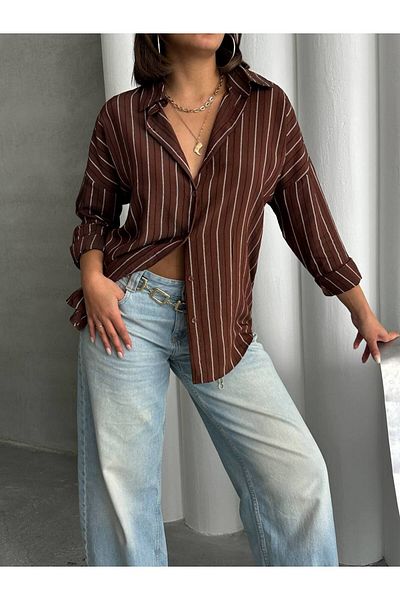 İLKCET MODA Дамска риза с модални райета и оверсайз