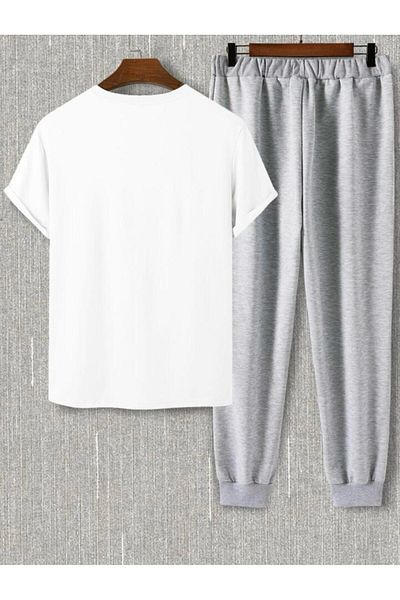 LA VESTİTİ Unisex Oversize White Printed T-Shirt-Grey Jogger Tracksuit