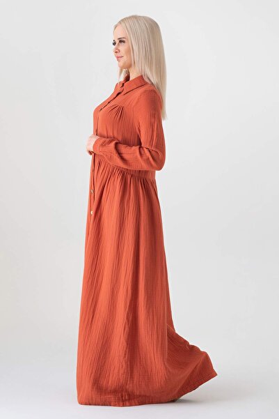 Fashion Showcase Καλοκαιρινό μακρύ χιτζάμπ φόρεμα από μουσελίνα με κουμπιά μπροστά από 100% φυσικό βαμβακερό ύφασμα - πλακάκι