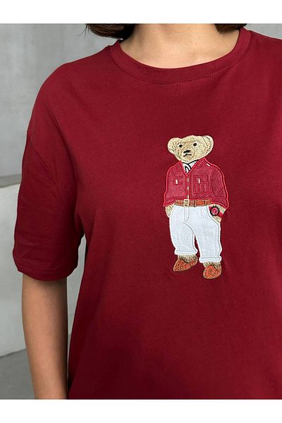 İLKCET MODA Tricou oversize pentru femei cu broderie ursuleț