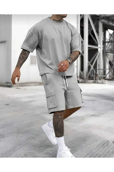 FULL TOLERANCE Plain Unprinted Comfortable and Modern Fit Oversize Crew Neck Colorful Bottom Top Men's Set