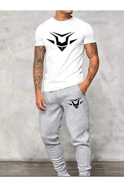 LA VESTİTİ Unisex Oversize White Printed T-Shirt-Grey Jogger Tracksuit