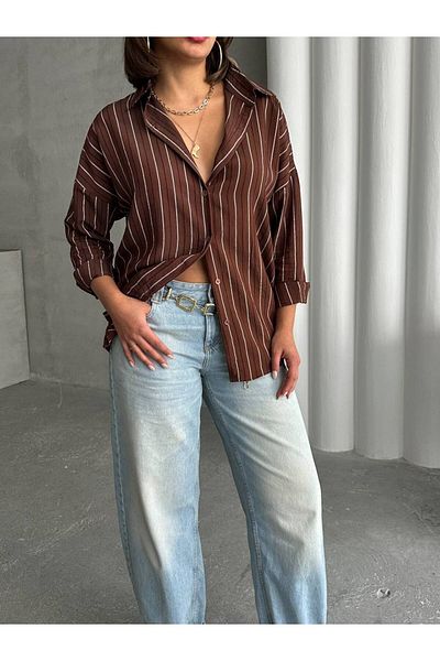 İLKCET MODA Дамска риза с модални райета и оверсайз