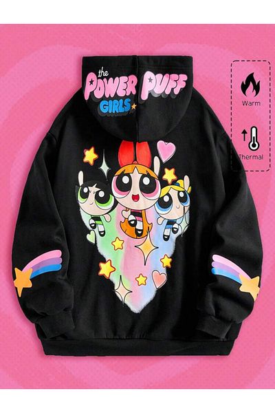 WNWGKN -POWER PUFF GIRLS PRINTED Ζακέτα με φερμουάρ - Μαύρη γκρι υπερμεγέθη κουκούλα τσέπης