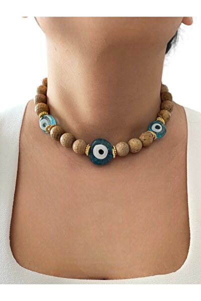 By Saadet Özkanlı Kadın oniks, volkan taşı, jasper, mercan Kaplan Gözü Doğaltaş  Kolye Nazar Boncuklu Doğaltaş Choker