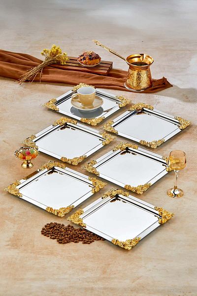 Milenay 6-Piece Metal Decorative Special Design Presentation, Promise Tray Set, Catering Presentation Serving Tray Set