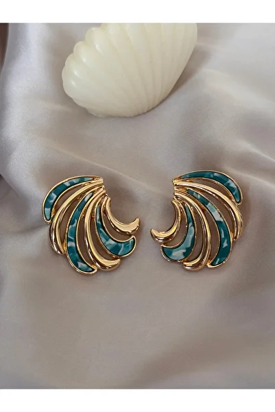 HERCY Blue Enameled Fan Model Gold Earrings Large Size 1. Grade Plated Summer Earrings