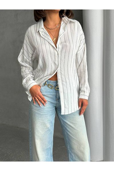 İLKCET MODA Modal ριγέ Oversize Γυναικείο Πουκάμισο