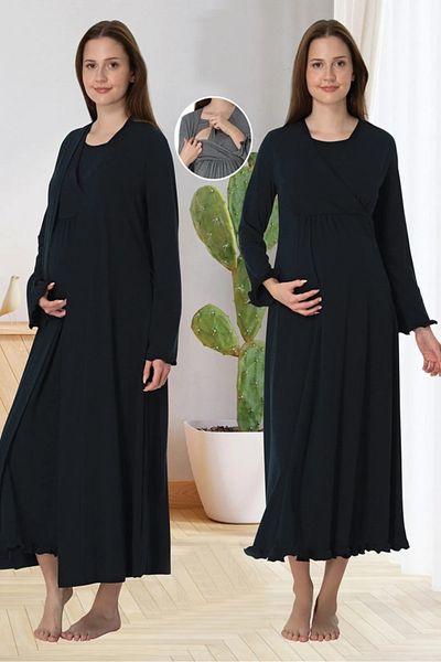 by İGP Navy Blue Hidden Breastfeeding Featured Dressing Gown Maternity Maternity Nightgown Set