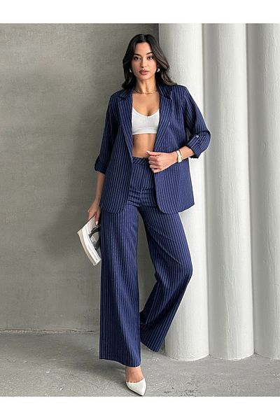 MD trend Women's Sleeve Folded Striped Blazer Jacket and Palazzo Pants Two Piece Set