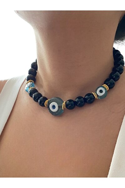 By Saadet Özkanlı Kadın oniks, volkan taşı, jasper, mercan Kaplan Gözü Doğaltaş  Kolye Nazar Boncuklu Doğaltaş Choker