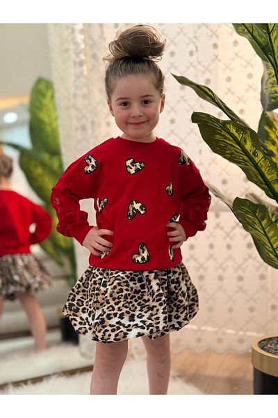 GÖKJOY BUTİK Leopard Heart Print Detail Girl's Skirt Suit